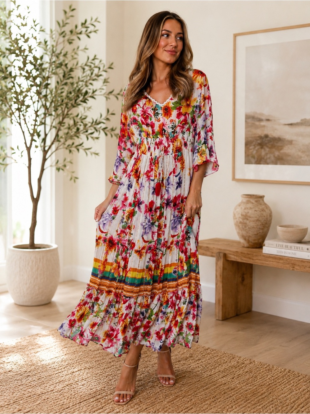 Me2Magic Floral Boho Maxi Dress M White Multicolor Tiered Metallic Gold Lurex